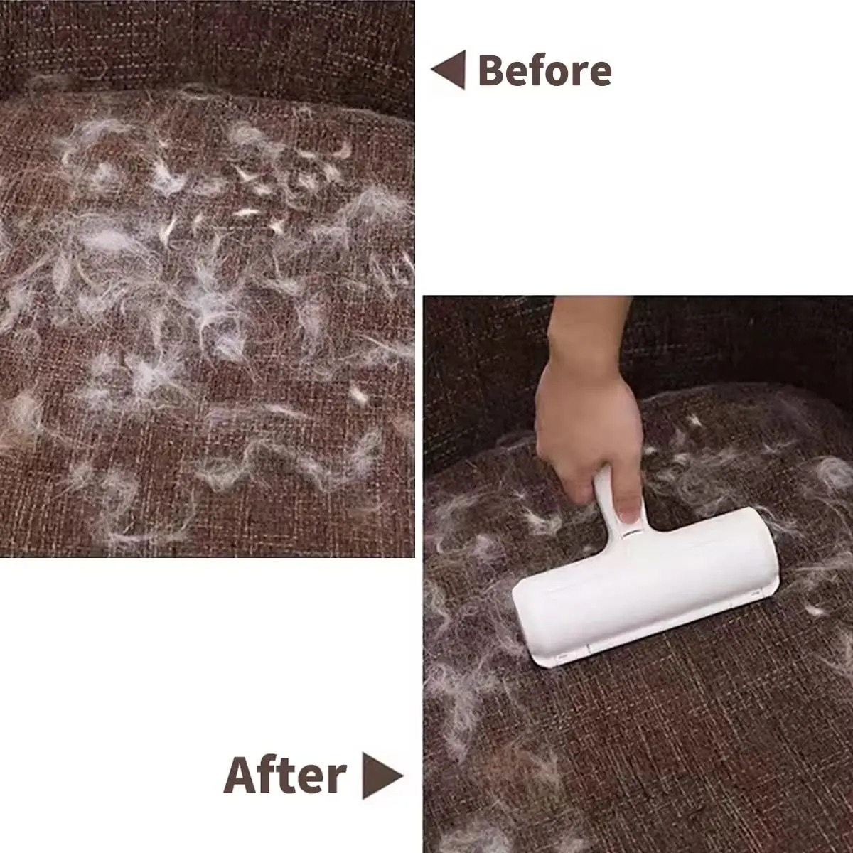 Couch before and after using the hair roller